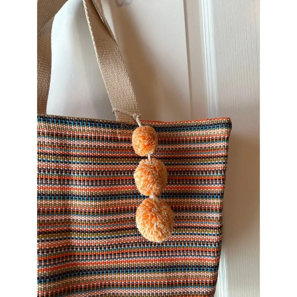 Beach Bag Striped Boho Orange Pom Pom Charm